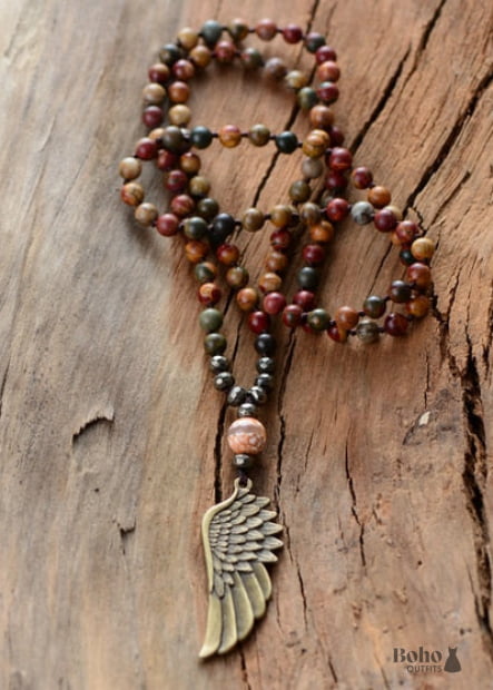 Boho Necklace, Blue and Brown Pyrite Angel Wing